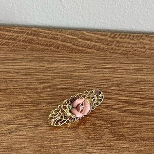 Vintage Gold Filigree Pink Clay Rose Brooch Pin, Romantic Cottagecore Jewelry